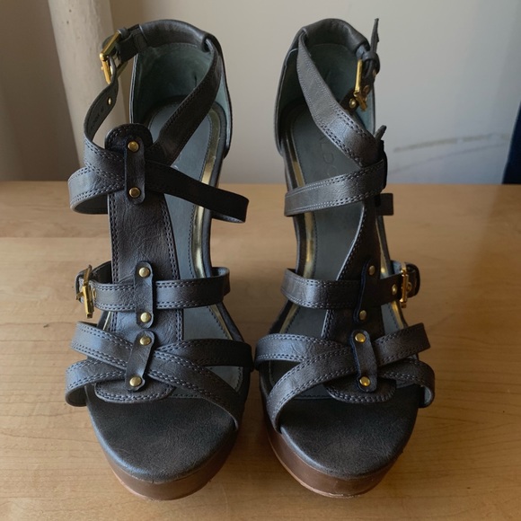 Grey ALDO buckled Wedges with Wood Platform - Picture 1 of 8